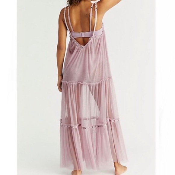 FREE PEOPLE NIGHT OUT SLEEVELESS TULLE MAXI SLIP DRESS SMALL MEDIUM PALE PINK - Picture 5 of 9